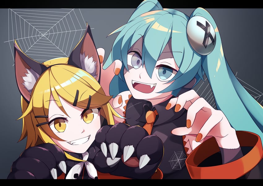 hatsune miku and kagamine rin (vocaloid) drawn by uziki_ntoki