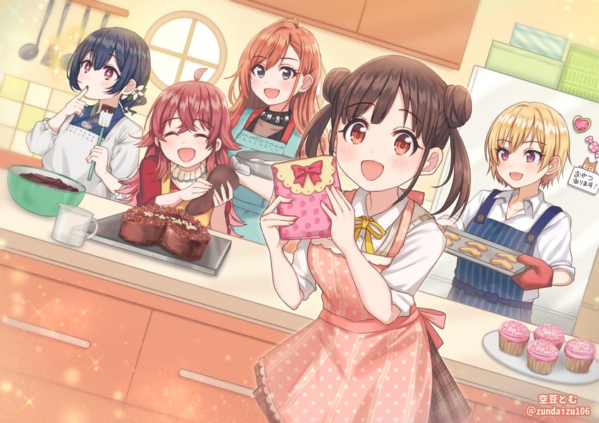 morino rinze, sonoda chiyoko, komiya kaho, arisugawa natsuha, saijo juri, and 1 more (idolmaster and 1 more) drawn by soramame_tomu