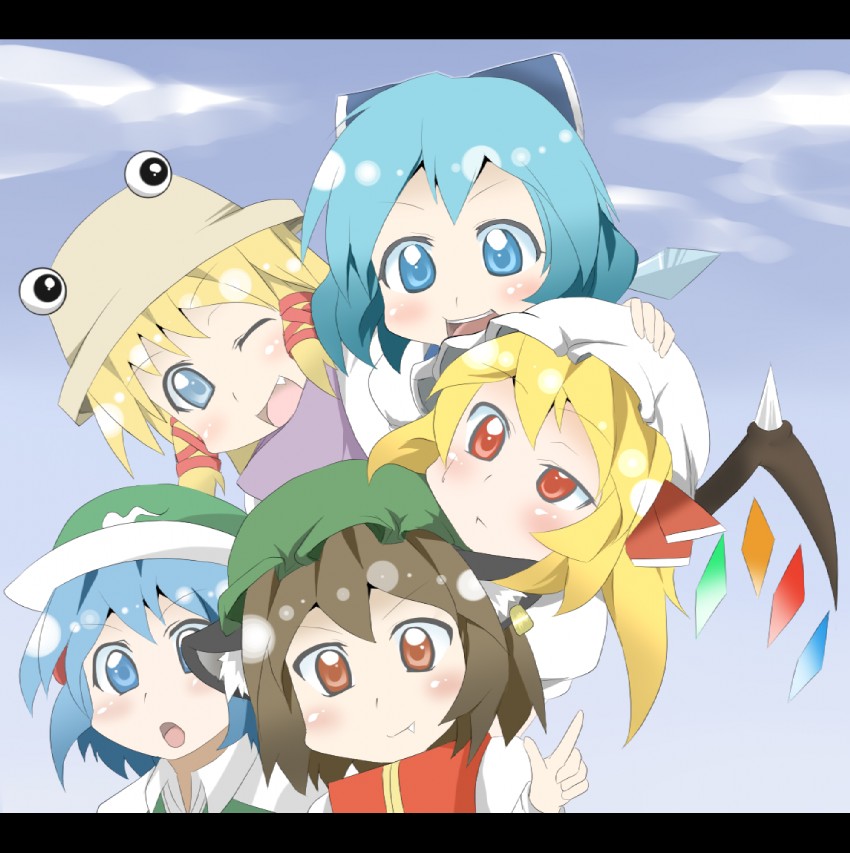 flandre scarlet, cirno, moriya suwako, chen, and kawashiro nitori (touhou) drawn by oriennto
