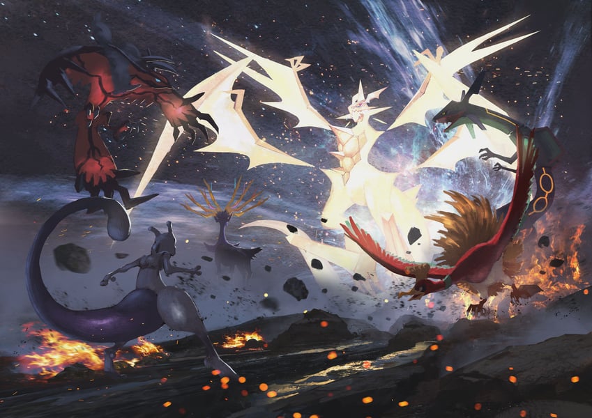 mewtwo, rayquaza, ho-oh, yveltal, xerneas, and 1 more (pokemon) drawn by rounin_(amuza)