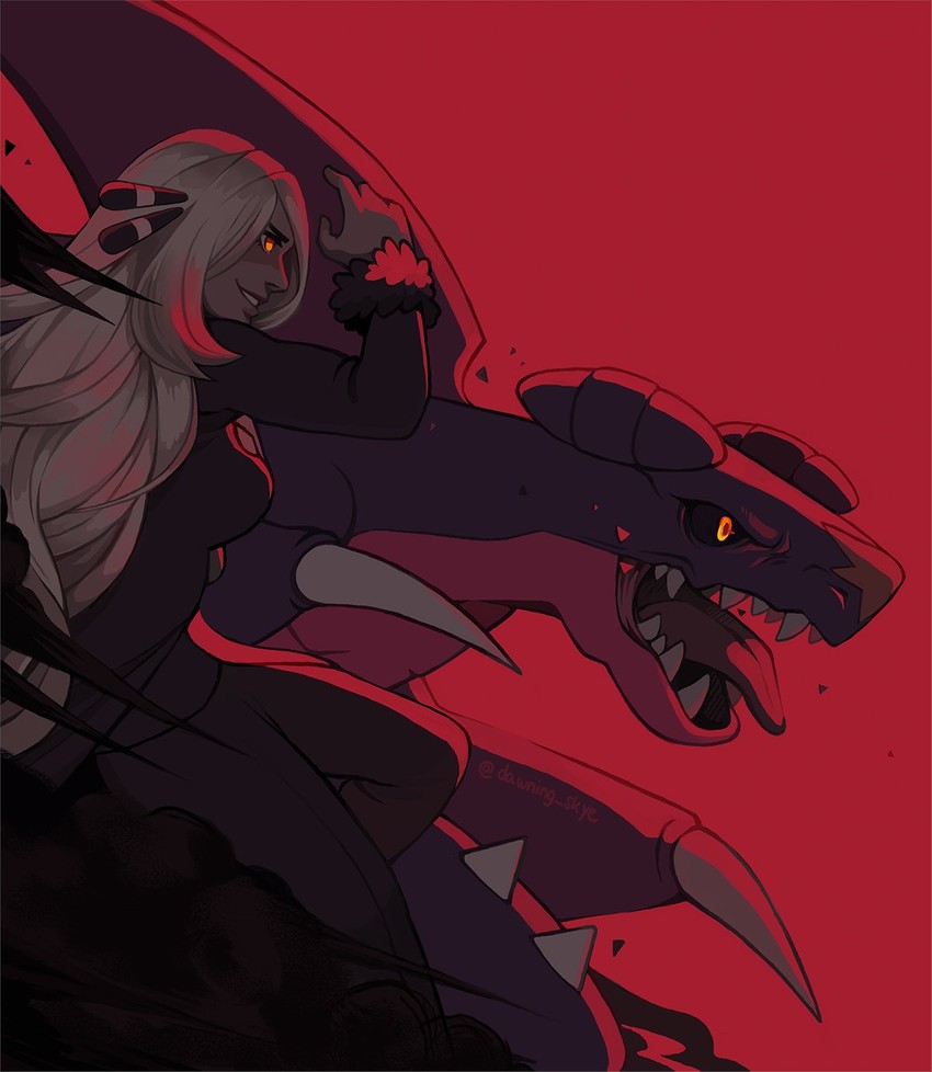cynthia and garchomp (pokemon and 1 more) drawn by josieg_(dawning_skye)
