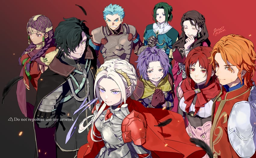 edelgard von hresvelg, dorothea arnault, bernadetta von varley, petra macneary, hubert von vestra, and 4 more (fire emblem and 2 more) drawn by 91007