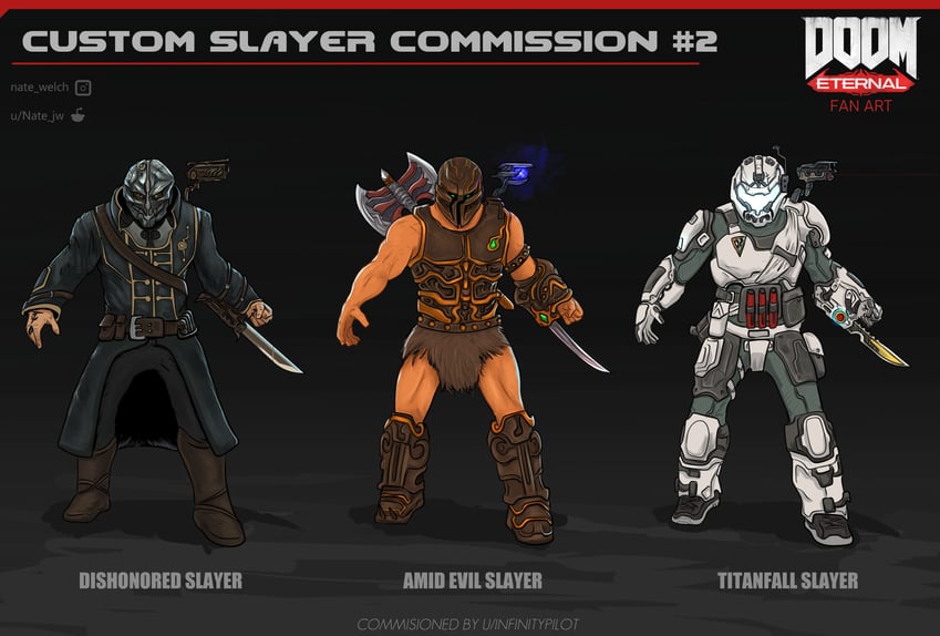 doomguy, pilot, grapple pilot, corvo attano, and the champion (doom and 6 more) drawn by nate_jw