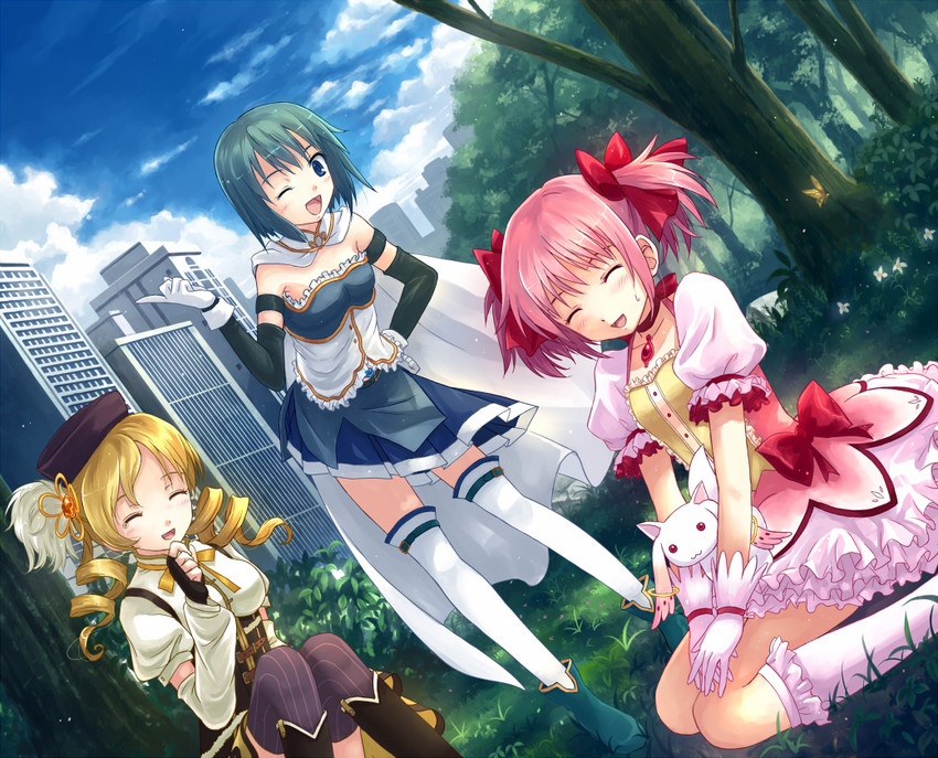 kaname madoka, miki sayaka, tomoe mami, and kyubey (mahou shoujo madoka magica) drawn by yakka