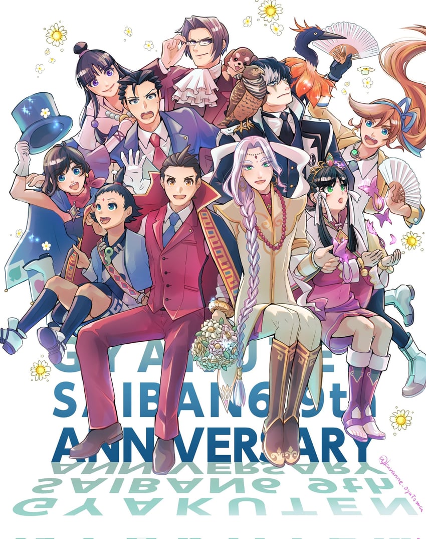 phoenix wright, miles edgeworth, maya fey, apollo justice, trucy wright, and 5 more (ace attorney and 1 more) drawn by kuranne