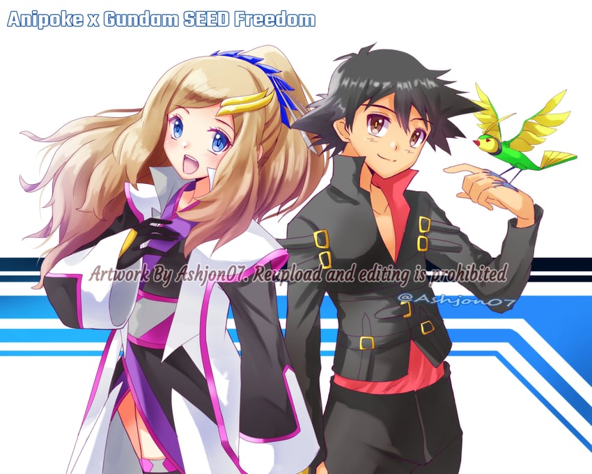 ash ketchum, serena, lacus clyne, kira yamato, and torii (pokemon and 4 more) drawn by ashujou