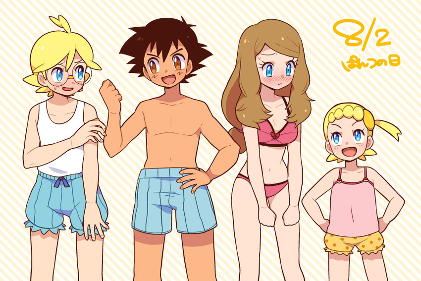 ash ketchum, serena, bonnie, and clemont (pokemon and 1 more) drawn by moyori