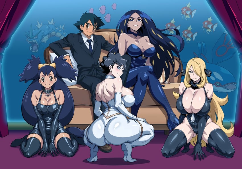 cynthia, ash ketchum, iris, geeta, and diantha (pokemon) drawn by yxyyxy