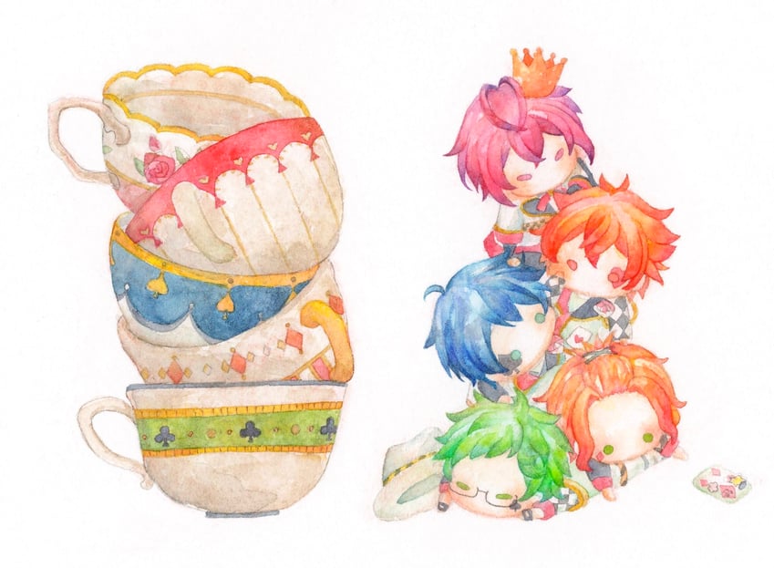 ace trappola, riddle rosehearts, deuce spade, trey clover, and cater diamond (twisted wonderland) drawn by kirakira_huuuki
