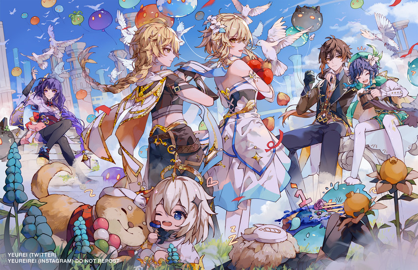 lumine, raiden shogun, aether, yae miko, zhongli, and 4 more (genshin impact) drawn by yeurei