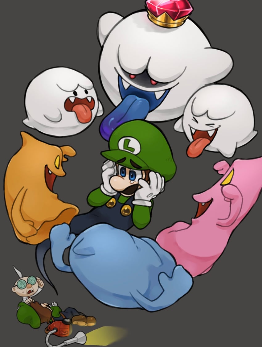 luigi, boo, king boo, professor elvin gadd, gold ghost, and 2 more (mario and 1 more) drawn by mimimi_(mimimim9999)