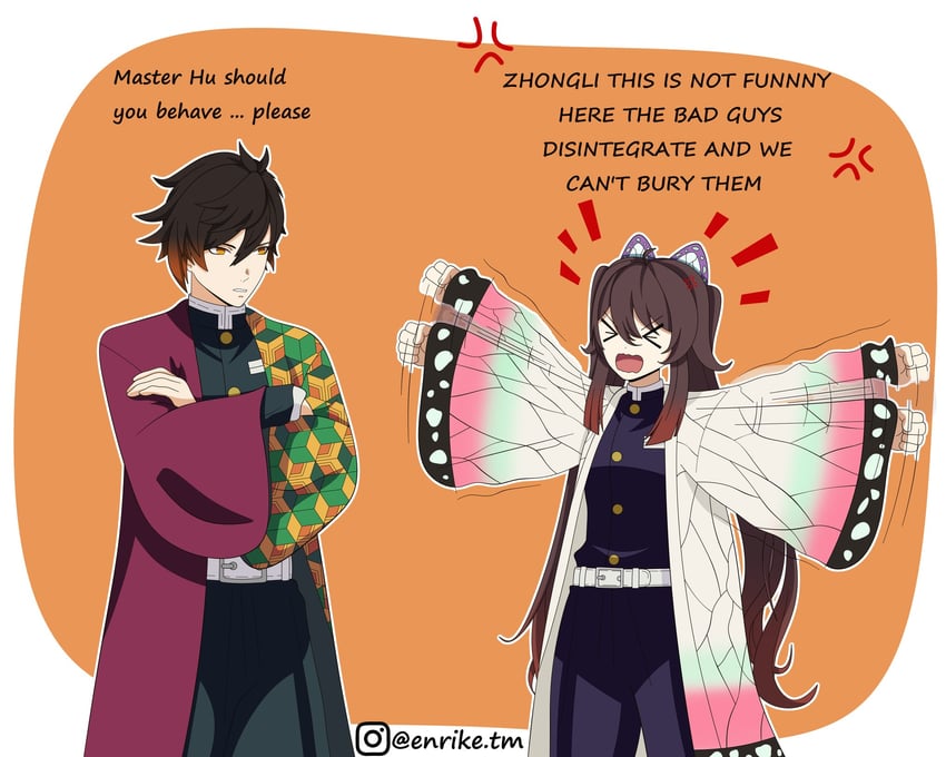 hu tao, zhongli, kochou shinobu, and tomioka giyuu (genshin impact and 1 more) drawn by tm_enrike