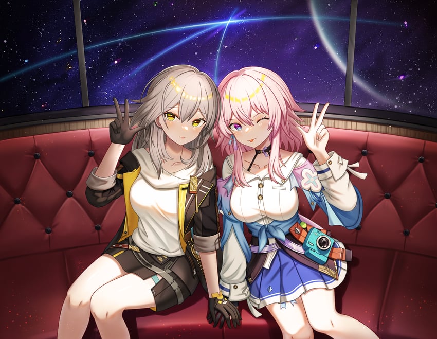 trailblazer, stelle, and march 7th (honkai and 1 more) drawn by melreon