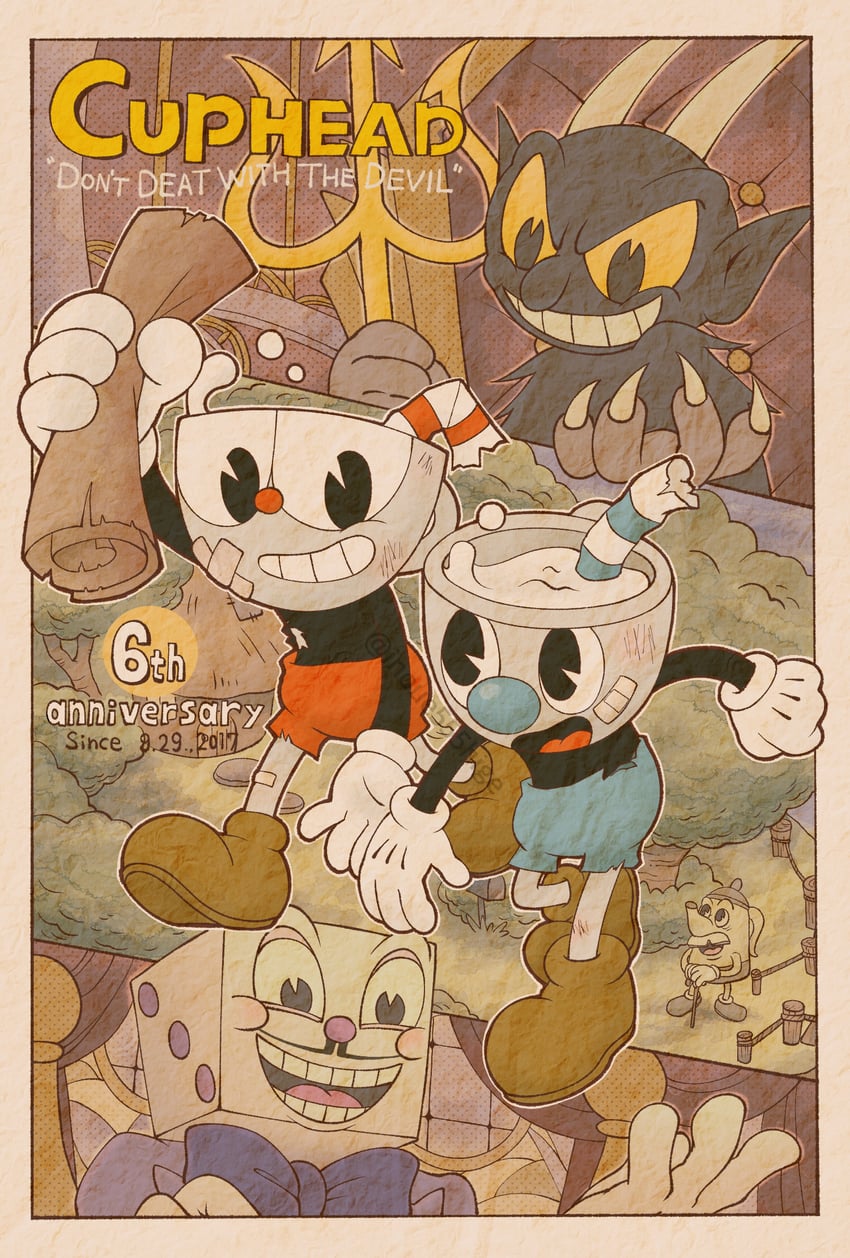 cuphead, mugman, king dice, the devil, and elder kettle (cuphead) drawn by inoue555hige