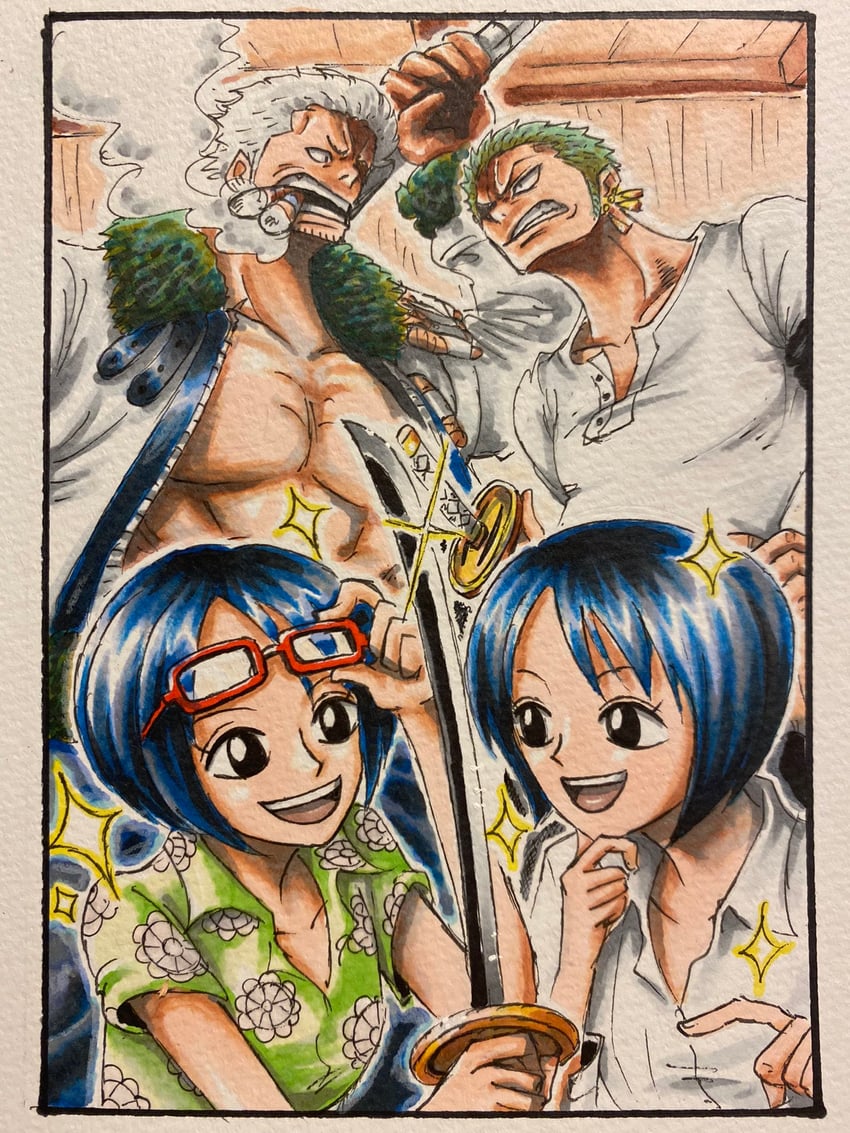 roronoa zoro, smoker, tashigi, and shimotsuki kuina (one piece) drawn by daichan_op