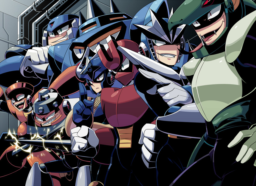 shadow man, snake man, top man, gemini man, needle man, and 3 more (mega man and 1 more) drawn by tsubasuke