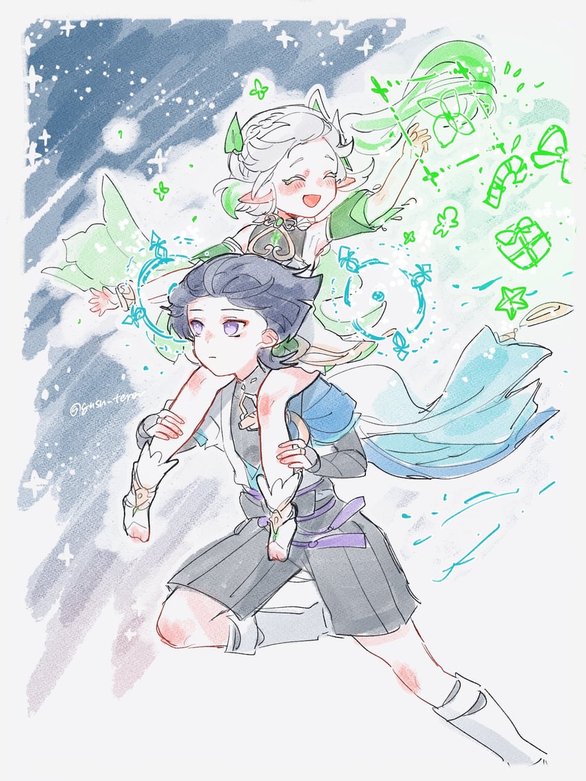 scaramouche, nahida, and wanderer (genshin impact) drawn by gnsn_tera