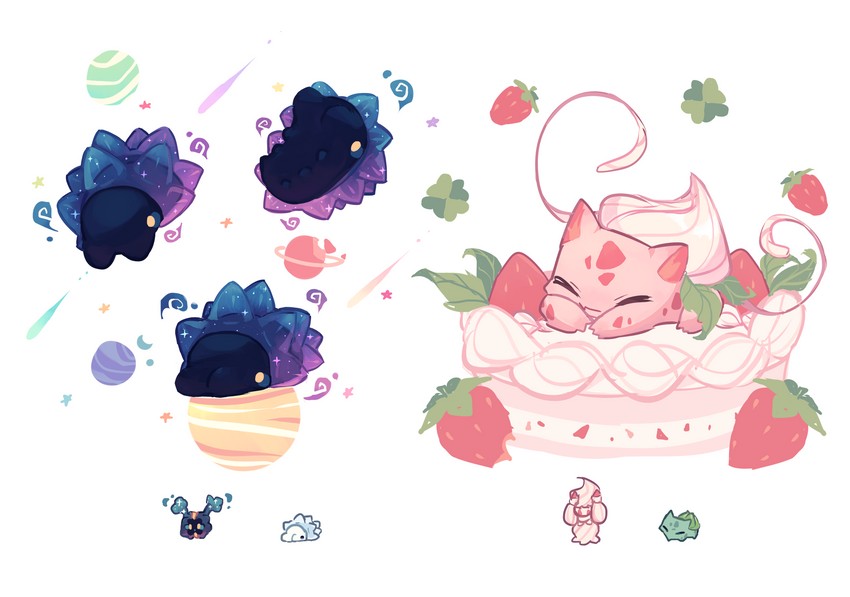 bulbasaur, cosmog, alcremie, and snom (original and 1 more) drawn by charamells