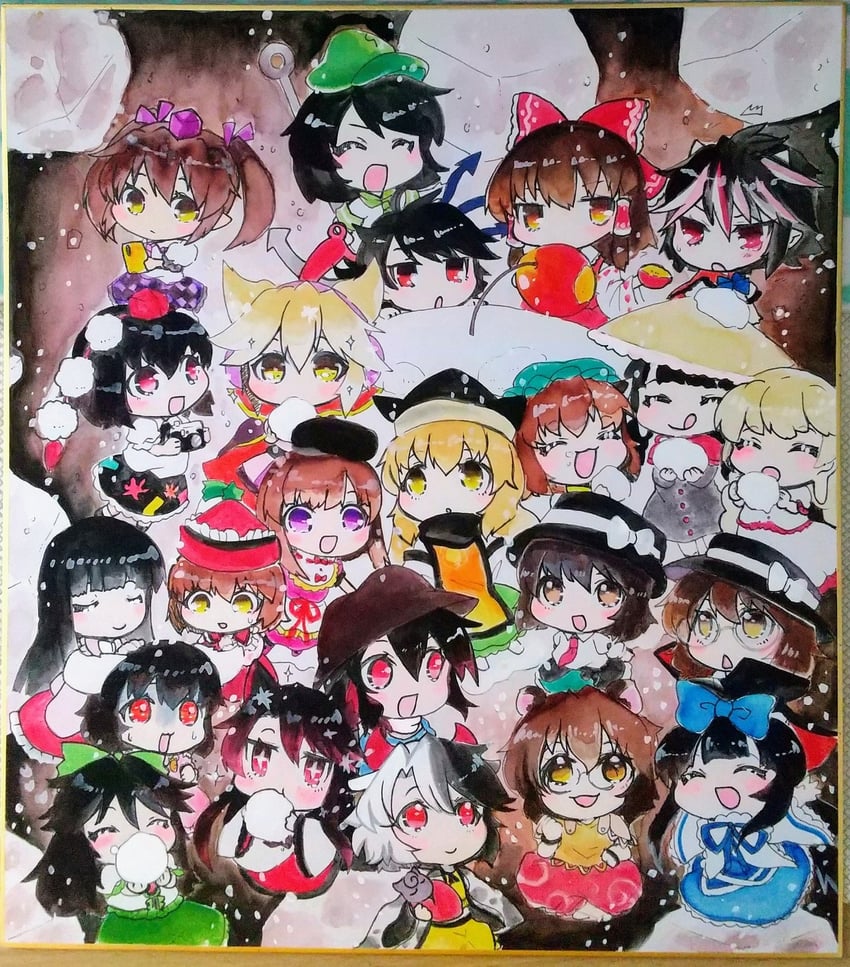 hakurei reimu, shameimaru aya, chen, reiuji utsuho, houraisan kaguya, and 18 more (touhou) drawn by kibou_(73433)