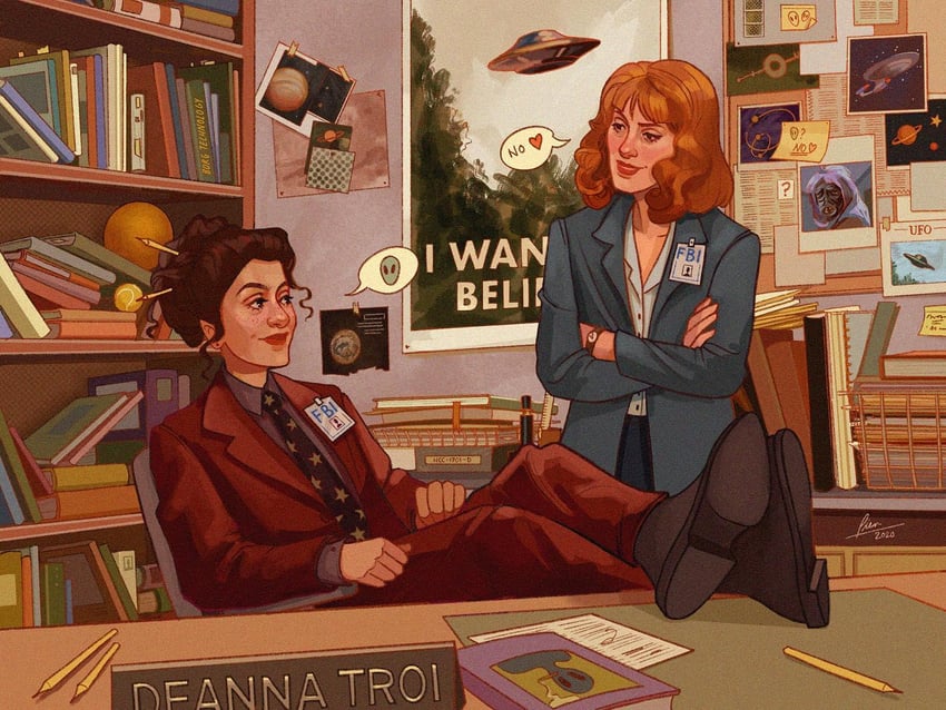 fox mulder, dana scully, deanna troi, and beverly crusher (star trek and 3 more) drawn by pien-art