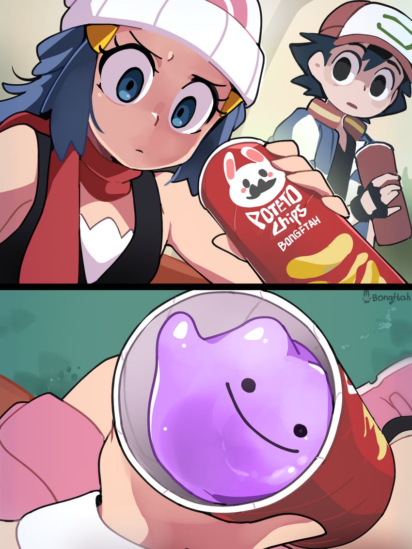 dawn, ash ketchum, and ditto (pokemon and 3 more) drawn by bongfill