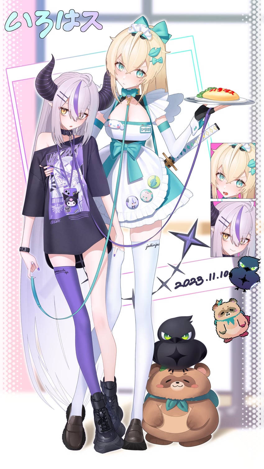 la+ darknesss, kazama iroha, cinnamoroll, kuromi, crow, and 1 more (hololive and 3 more) drawn by whskswnd