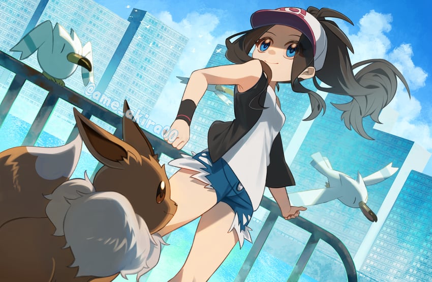 hilda, eevee, and wingull (pokemon and 1 more) drawn by ame_akira
