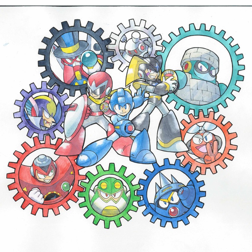 mega man, proto man, bass, cut man, galaxy man, and 6 more (mega man and 8 more) drawn by 13ban