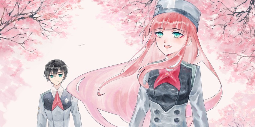 zero two and hiro (darling in the franxx) drawn by chu_dengdeng