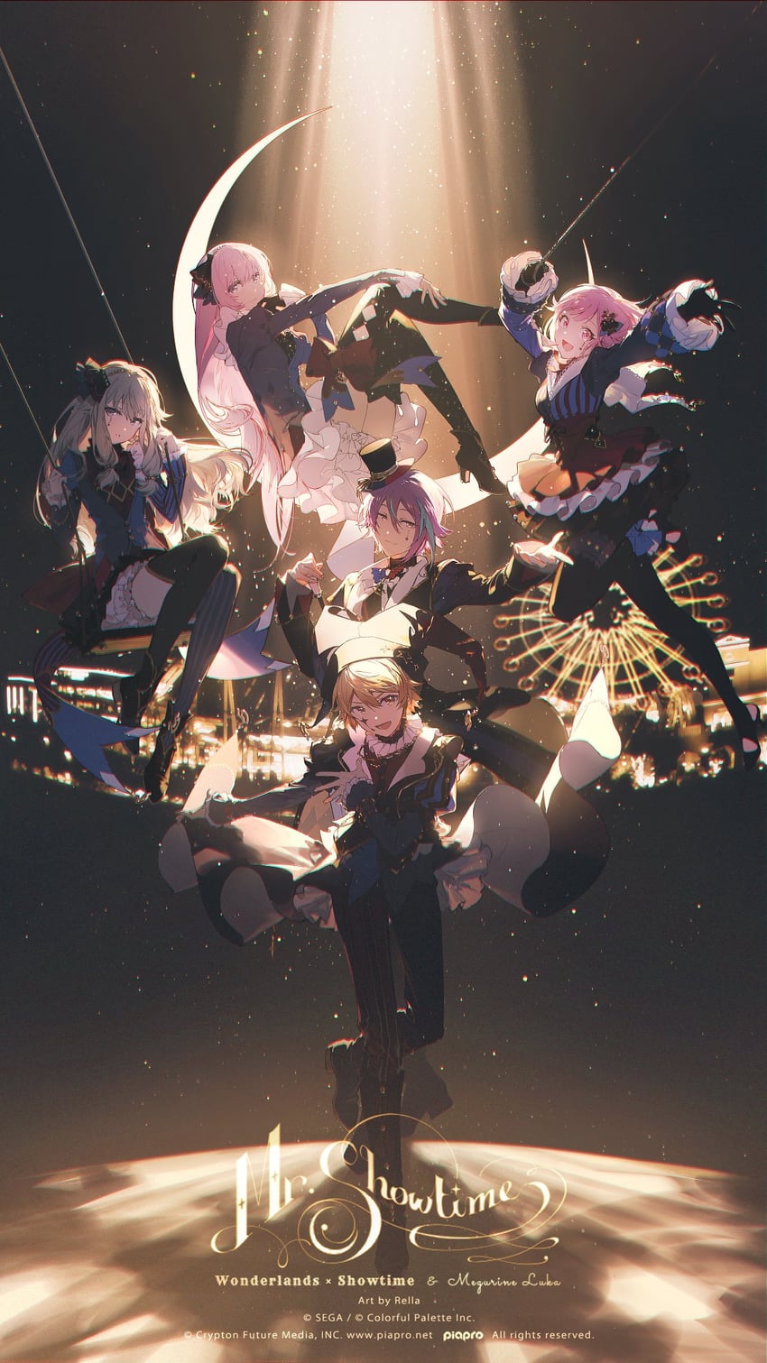 megurine luka, ootori emu, tenma tsukasa, kusanagi nene, kamishiro rui, and 1 more (vocaloid and 2 more) drawn by rella