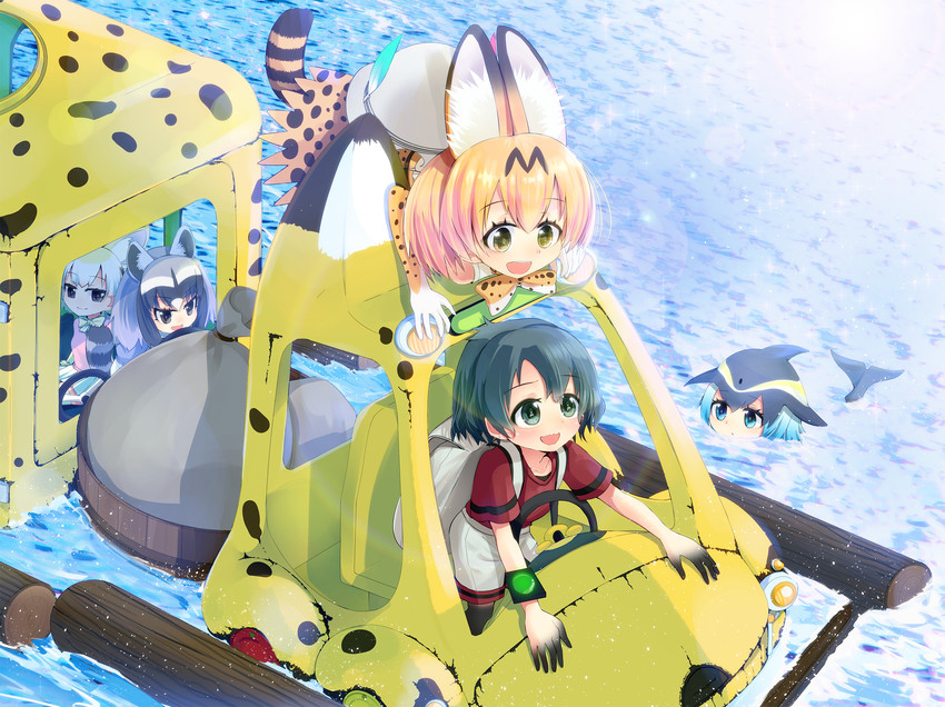 serval, kaban, common raccoon, fennec, and common dolphin (kemono friends) drawn by irori_(irorikigaku)