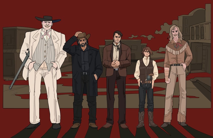 the kid, judge holden, john joel glanton, tobin, and toadvine (blood meridian) drawn by toffee_32