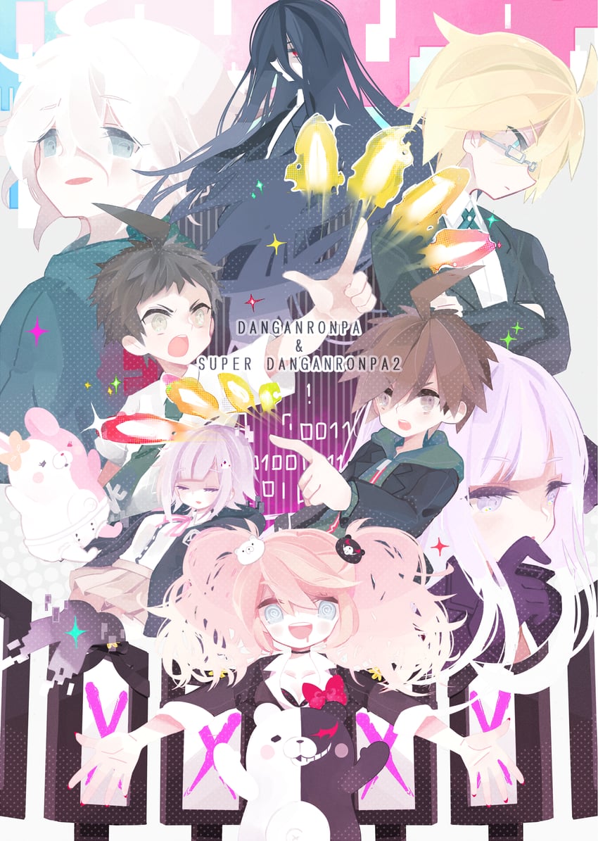 nanami chiaki, komaeda nagito, hinata hajime, kirigiri kyoko, enoshima junko, and 4 more (danganronpa and 3 more) drawn by zoo_min