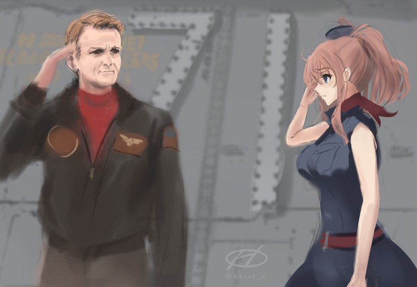 saratoga, saratoga mk ii, and brett crozier (kantai collection and 1 more) drawn by haruto_(harut_n)