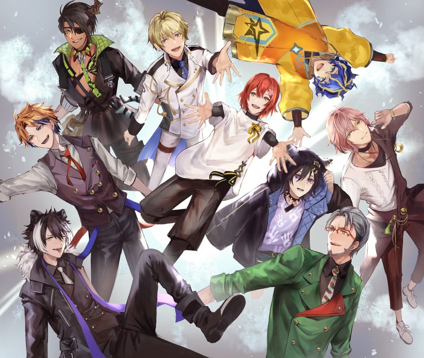 kageyama shien, astel leda, hanasaki miyabi, kanade izuru, aragami oga, and 4 more (holostars) drawn by karanashi_noma