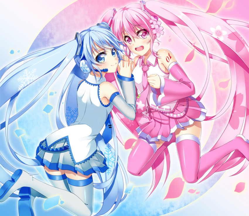 hatsune miku, yuki miku, and sakura miku (vocaloid) drawn by kazeoto_kirito
