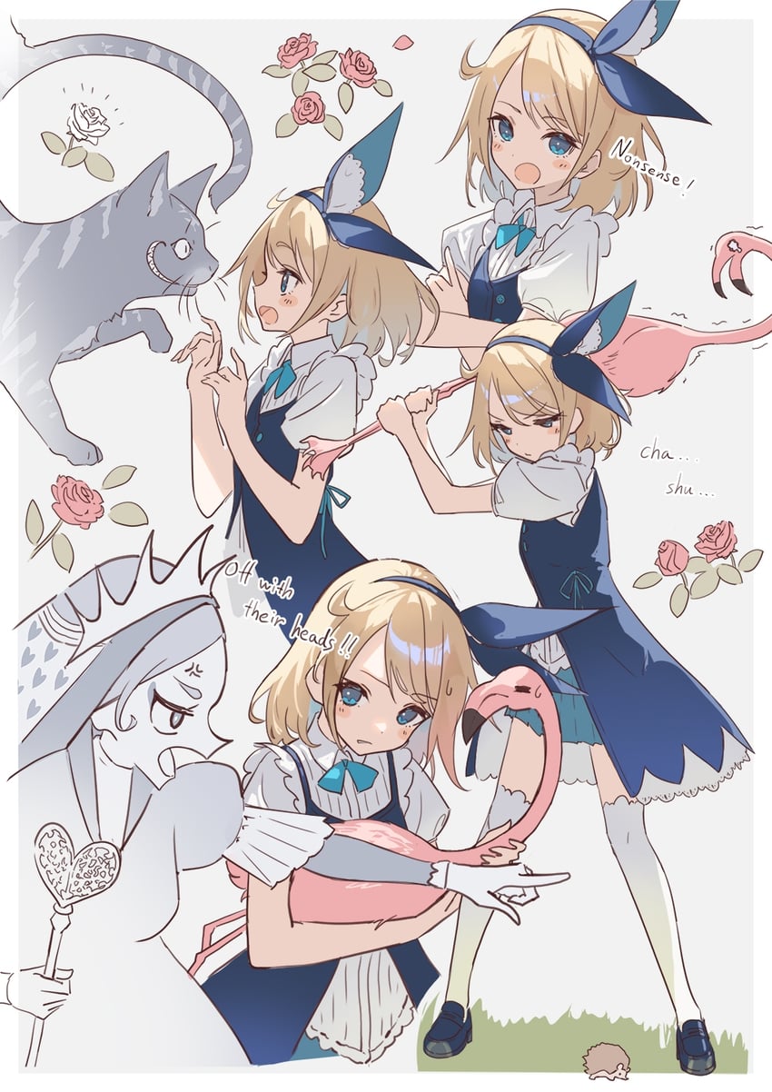 alice, cheshire cat, and queen of hearts (alice's adventures in wonderland) drawn by wakuseiy