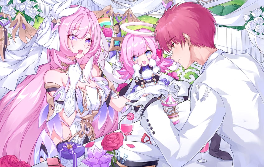 elysia, captain, and elf elysia (honkai and 1 more) drawn by evzeva