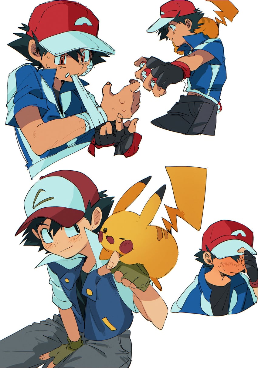 pikachu and ash ketchum (pokemon and 1 more) drawn by omotikonetemasu