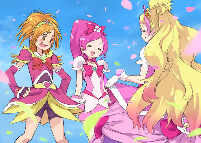 hanasaki tsubomi, cure blossom, haruno haruka, hyuuga saki, cure flora, and 1 more (precure and 3 more) drawn by chiroru_(7450n)
