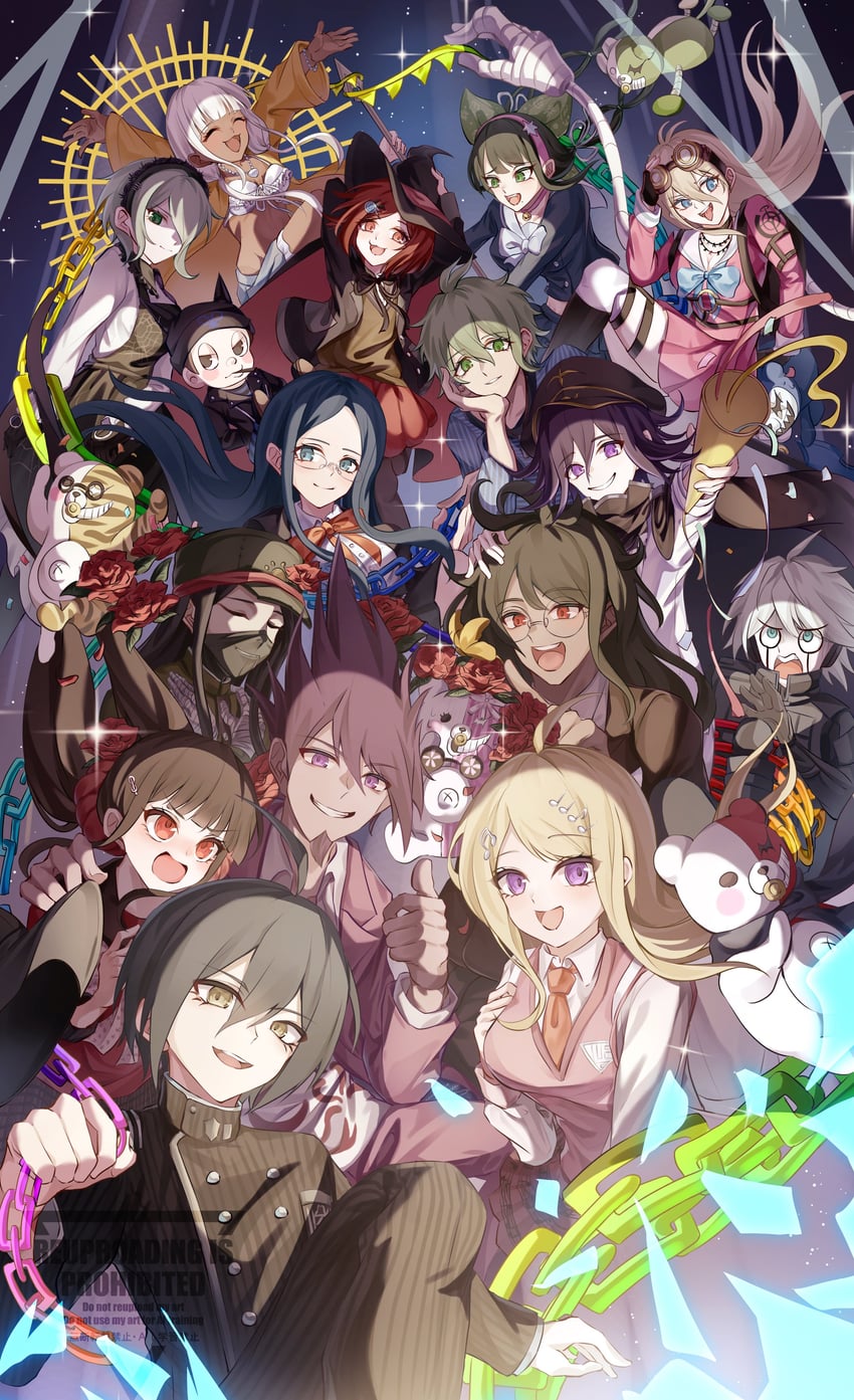 oma kokichi, saihara shuichi, akamatsu kaede, harukawa maki, momota kaito, and 16 more (danganronpa and 1 more) drawn by ka_po_su