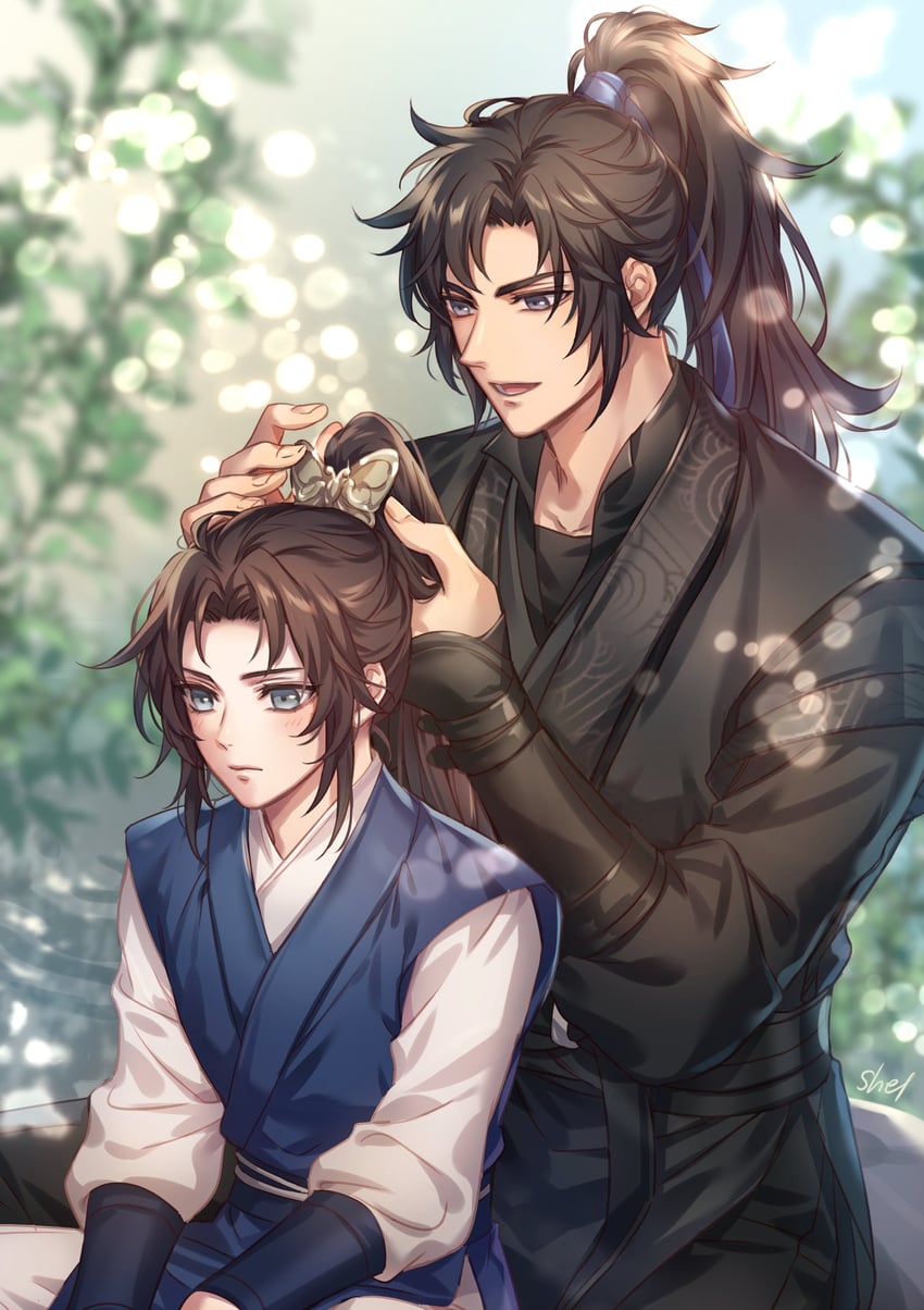 chu wanning, mo ran, and xia sini (erha he ta de bai mao shizun) drawn by zehel_az