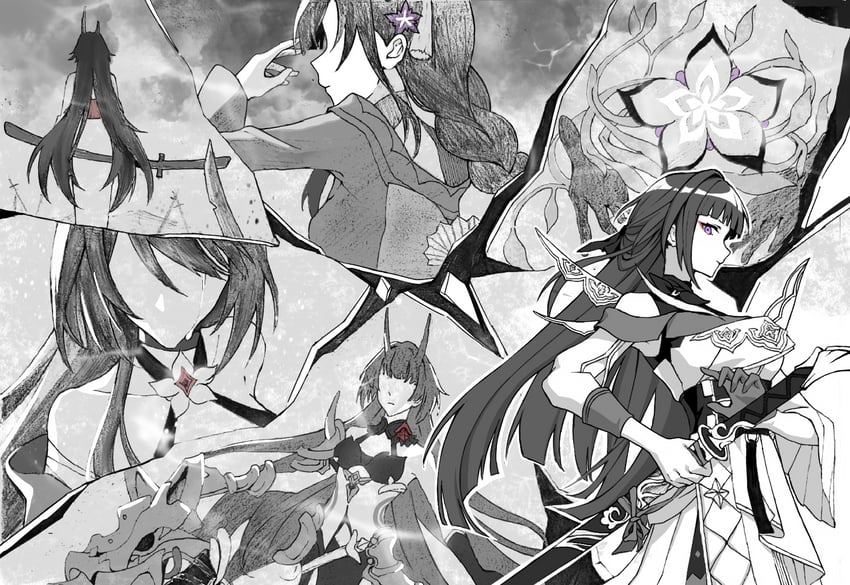 raiden shogun, acheron, raiden mei, and sawashiro miyuki (genshin impact and 4 more) drawn by fay2669127