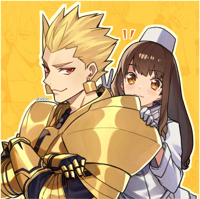 gilgamesh and kishinami hakuno (fate and 2 more) drawn by aoten_(aoiroarekore)