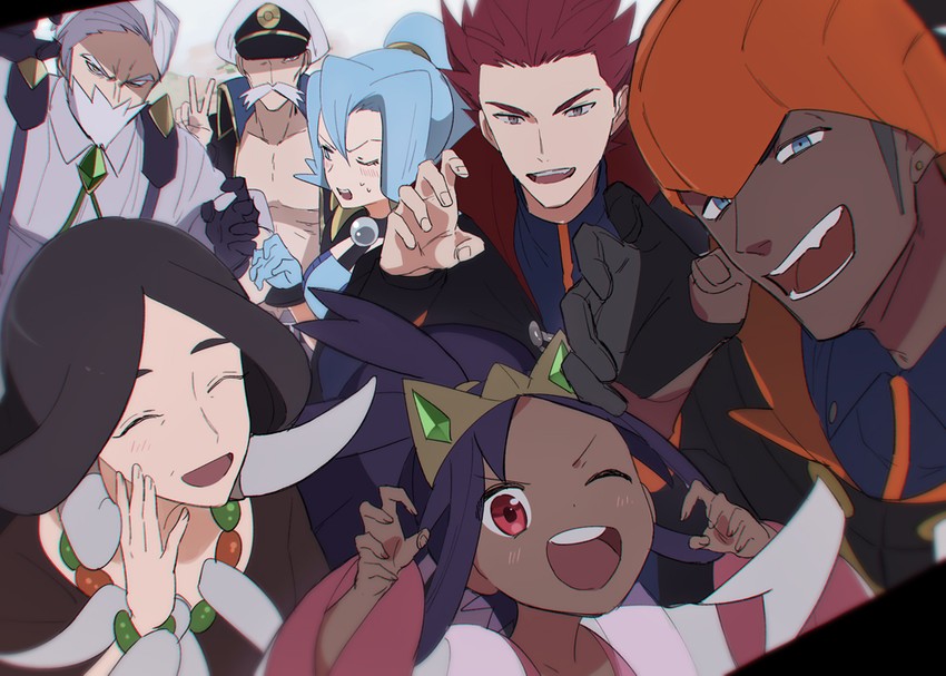 raihan, iris, lance, clair, drayden, and 2 more (pokemon and 6 more) drawn by maccha_(mattya_xxxx)