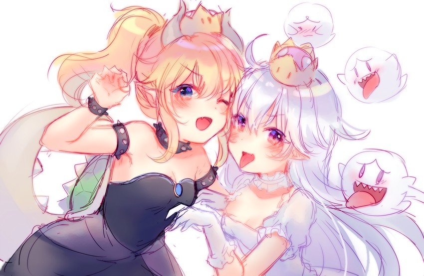 bowsette, princess king boo, and boo (mario and 2 more) drawn by shouu-kun