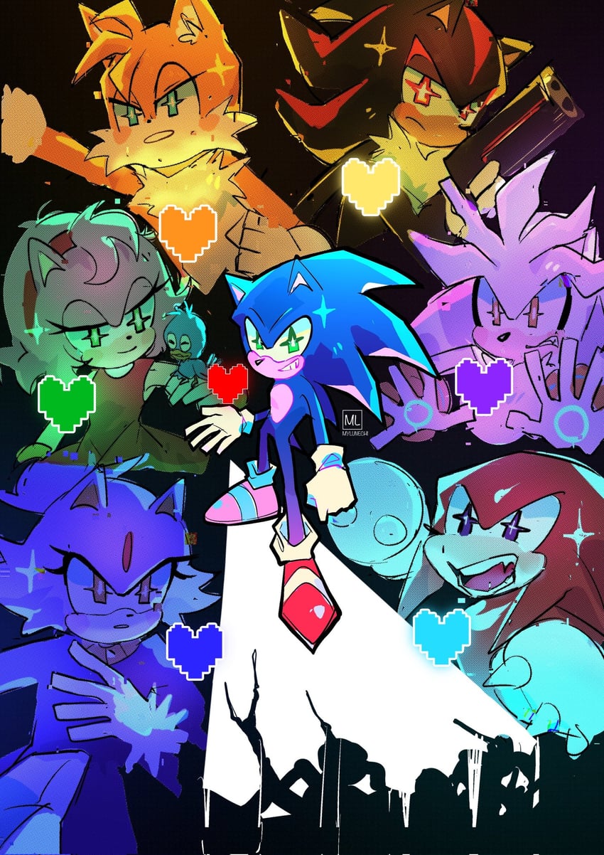 sonic the hedgehog, shadow the hedgehog, amy rose, blaze the cat, tails, and 3 more (sonic and 1 more) drawn by mylunechi