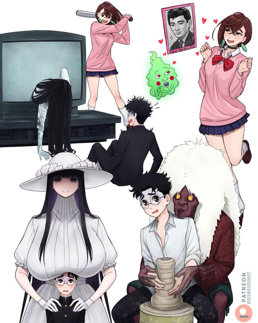 ayase momo, takakura ken, yamamura sadako, turbo granny, ekubo, and 1 more (dandadan and 4 more) drawn by dismaiden