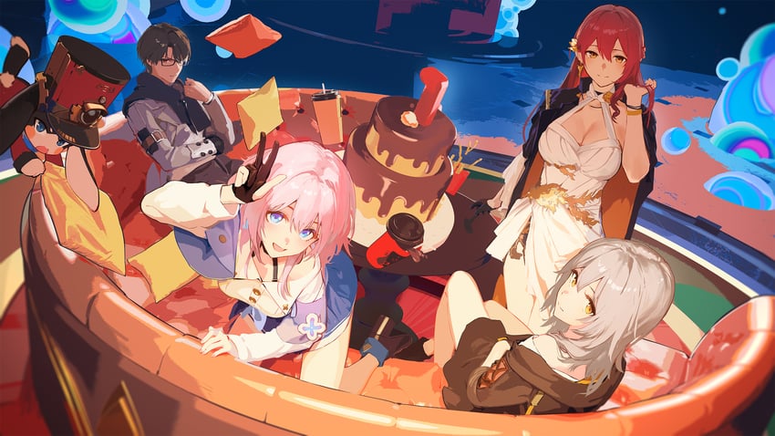 trailblazer, stelle, march 7th, himeko, pom-pom, and 1 more (honkai and 1 more) drawn by tacshojosora