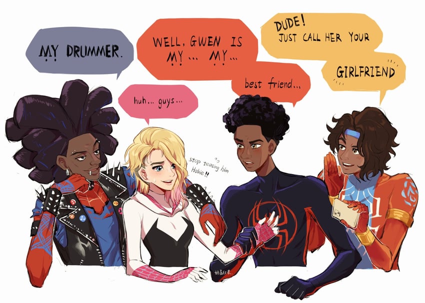 spider-gwen, gwen stacy, miles morales, spider-man, spider-punk, and 3 more (marvel and 3 more) drawn by nai_gai_hongcha